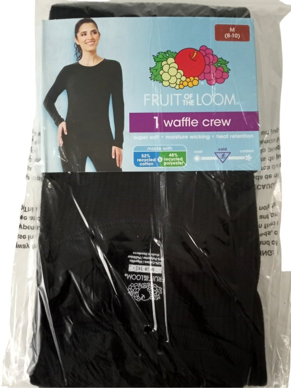 NEW Fruit of the Loom Womens M 8 - 10 Black Waffle Thermal Crew Base Layer Top